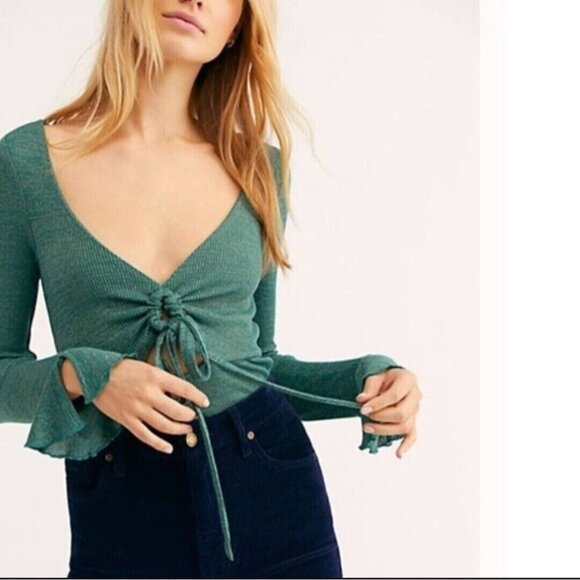 Intimately Free People Women Top Size Large Green Metallic Boho Flare Sleeve - Picture 1 of 12